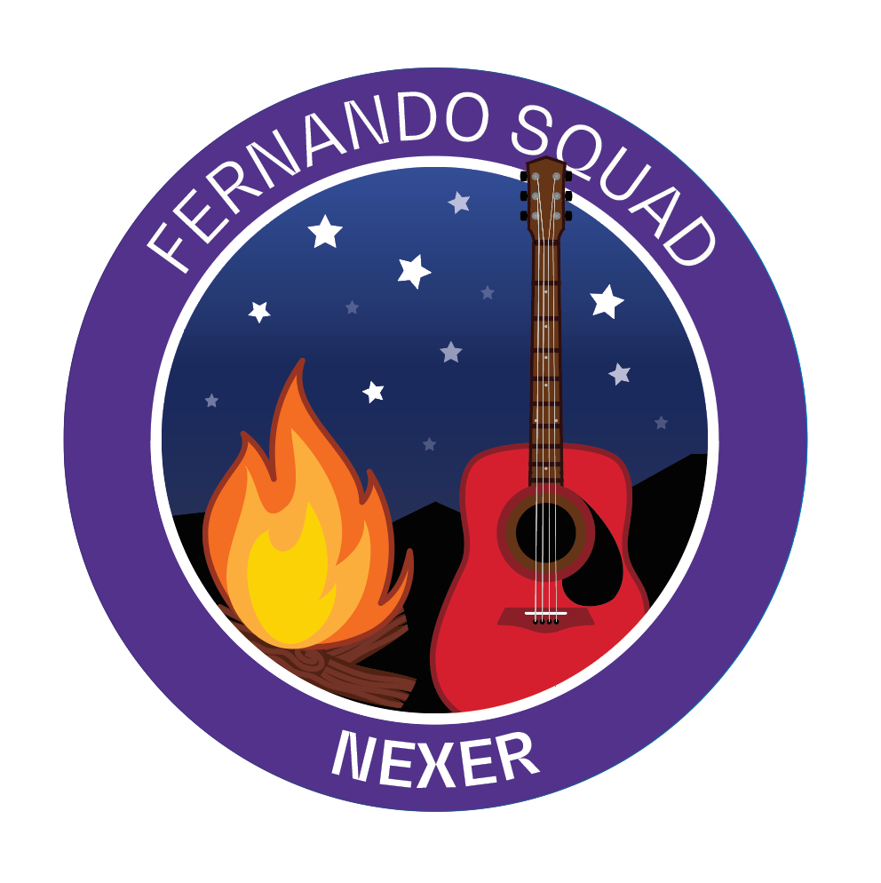 A badge reading 'Fernando Squad, Nexer" with a cartoon image of a guitar and camp fire - an ABBA reference!