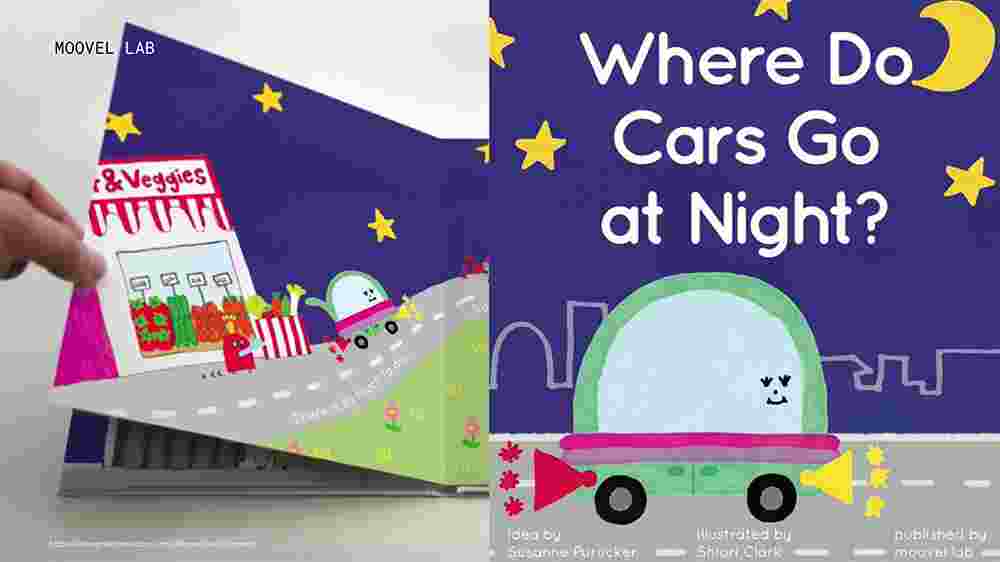 Book cover ‘Where do cars go at night’ with an illustration of a simply-drawn bubble-shaped green car with smiling face.