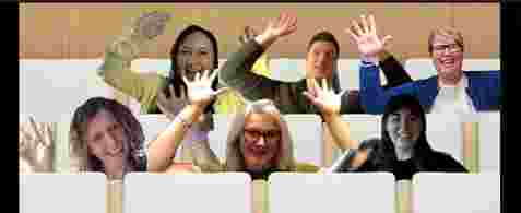 Six new team members in a screenshot from Microsoft Teams. They are waving thier hands in the air and laughing