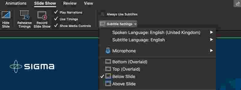 Screenshot of Microsoft PowerPoint in dark mode showing the Subtitle Settings dropdown open and additional options