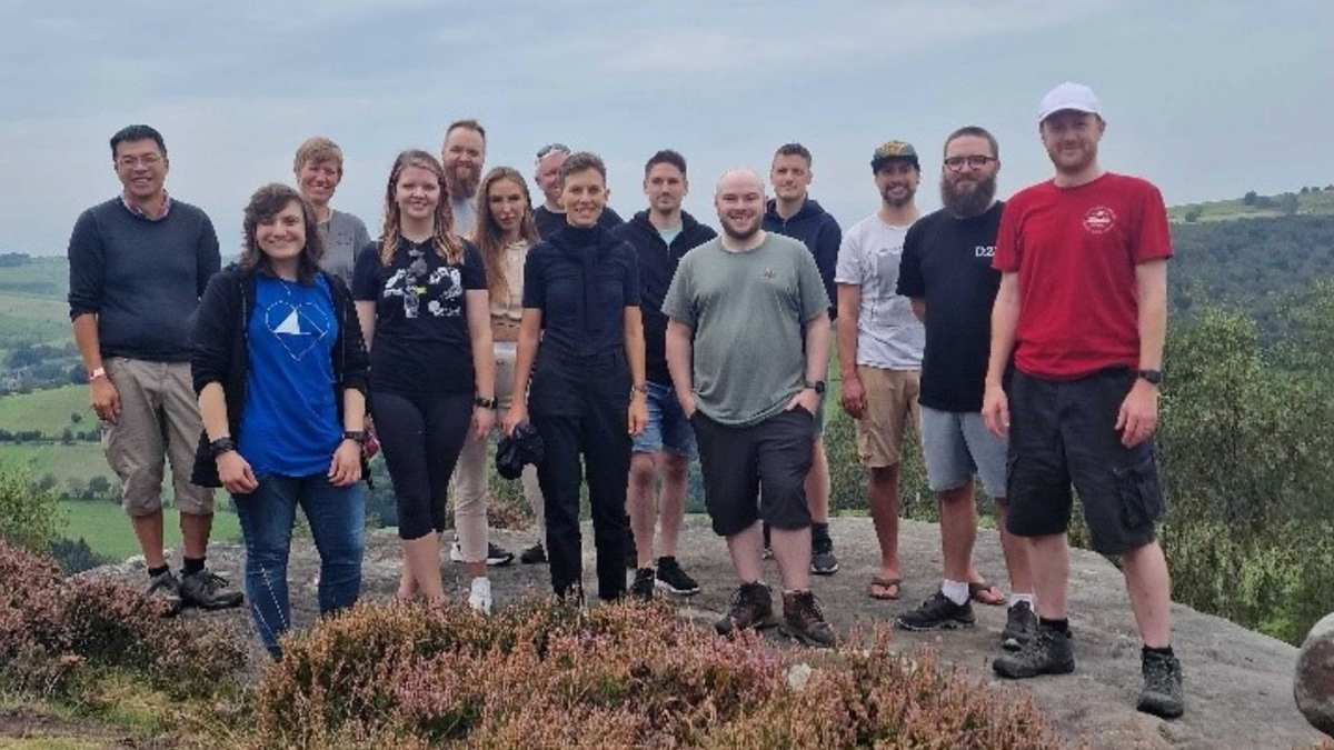 The CodeCabin group standing on top of a hill 